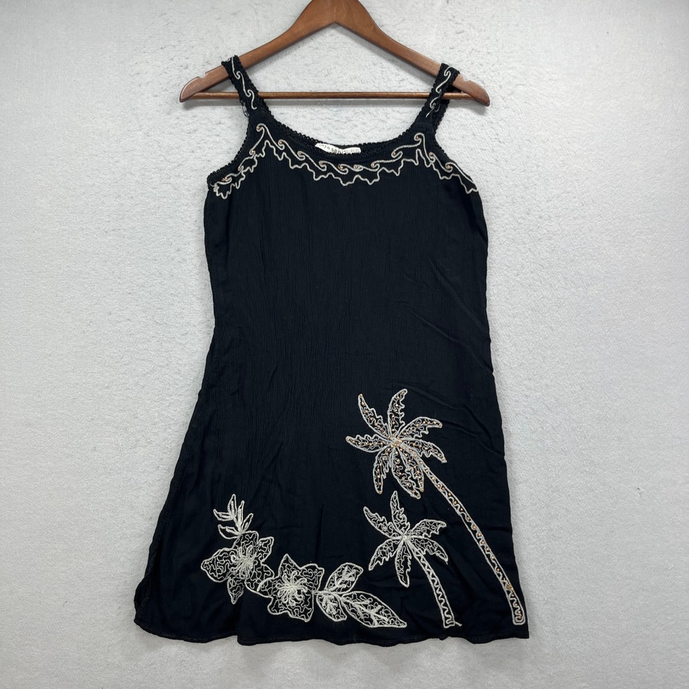 Raya Sun Mini Dress Womens Black Palm Tree Embroidered Cotton Rayon Beachy Boho